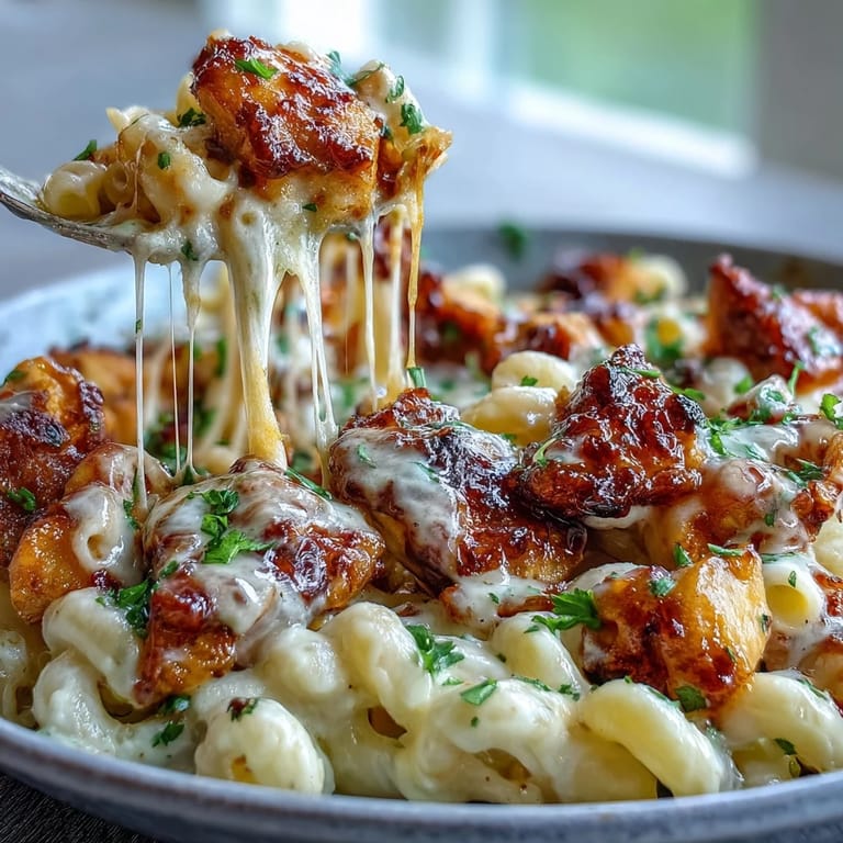 Tender chicken pieces coated in sticky BBQ glaze folded into cheesy pasta, topped with sliced scallions for extra flavor.