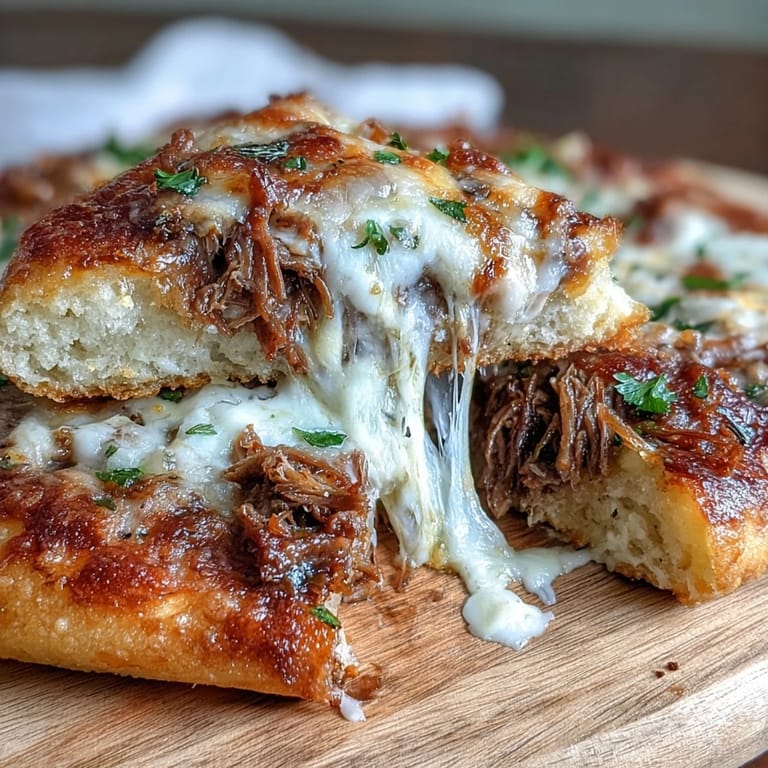 Juicy shredded beef pot roast tucked into garlic naan with gooey mozzarella and provolone, golden and crisp.  