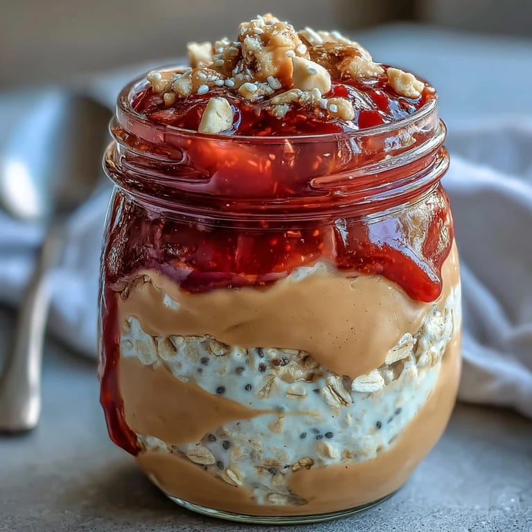 Layered high-protein overnight oats with rich peanut butter, vanilla protein, and a homemade strawberry chia jam topping for a satisfying breakfast.