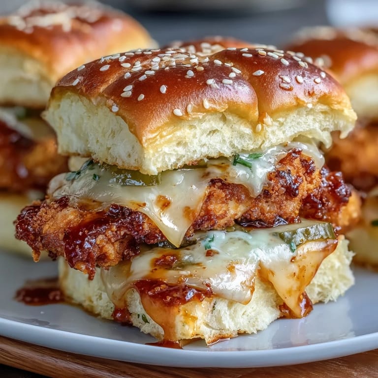 Spicy honey butter chicken sandwich bake with golden tenders, dill pickles, and gooey cheese layered in pull-apart slider buns.
