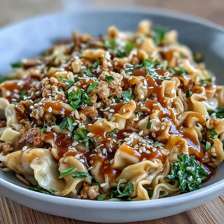 Flavorful Potsticker Noodle Stir-Fry combines creamy peanut sauce, tender ramen, and hearty turkey for an easy dinner.