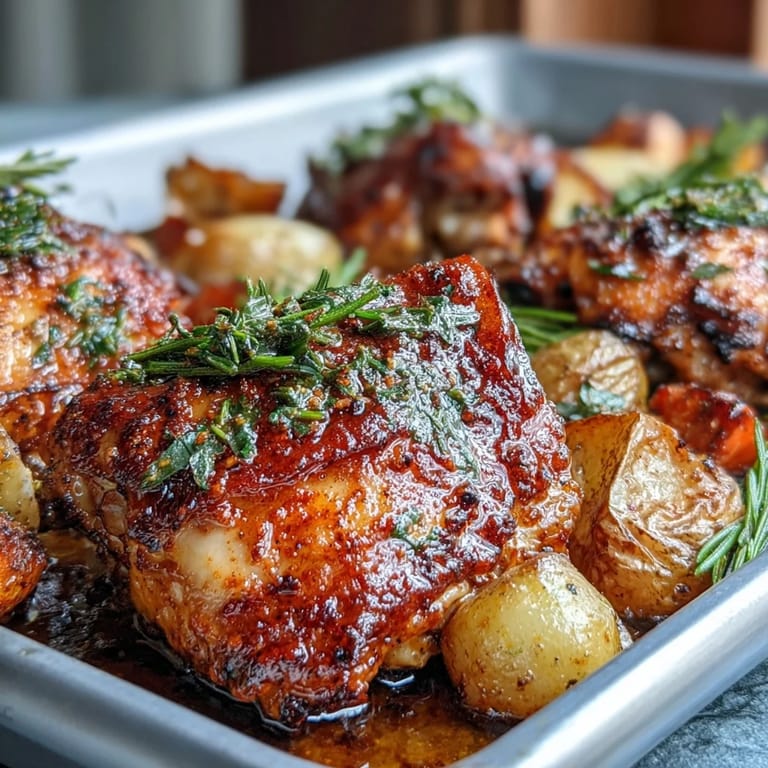 Ranch-seasoned chicken thighs and vegetables roasted together for a flavorful, easy weeknight sheet pan dinner.