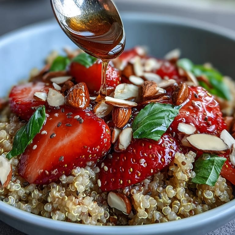Fluffy quinoa topped with sweet strawberries, sliced basil, plant-based yogurt, slivered almonds, and chia seeds, finished with a golden honey drizzle.