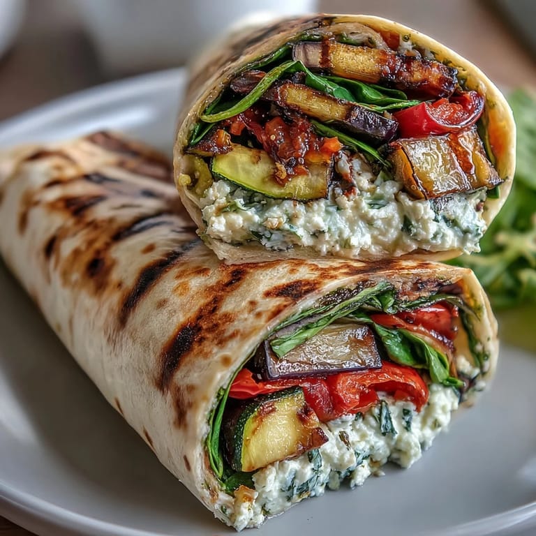2. Soft whole wheat tortillas packed with colorful grilled vegetables, rich hummus, crumbled feta, and juicy cherry tomatoes for a healthy Mediterranean meal.  