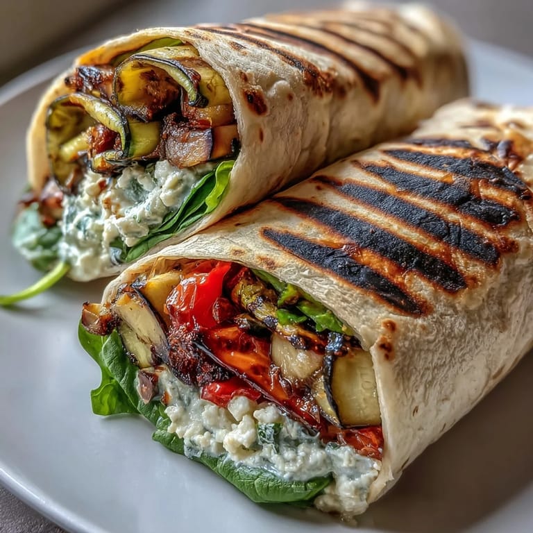 3. Wholesome Mediterranean wraps bursting with charred eggplant, roasted peppers, and zesty hummus, finished with creamy feta and fresh parsley.