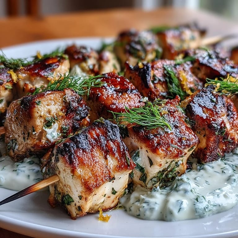 Golden-brown lemon herb chicken skewers, infused with aromatic herbs and paired with refreshing tzatziki sauce, ideal for summer grilling.