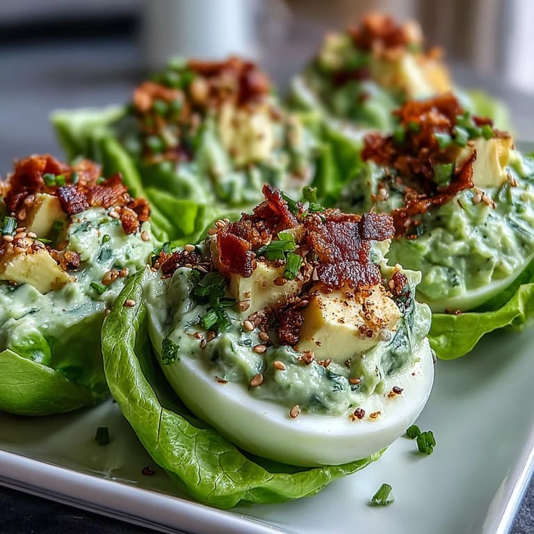 Creamy avocado and egg salad nestled in crisp lettuce leaves, sprinkled with savory everything bagel seasoning.  