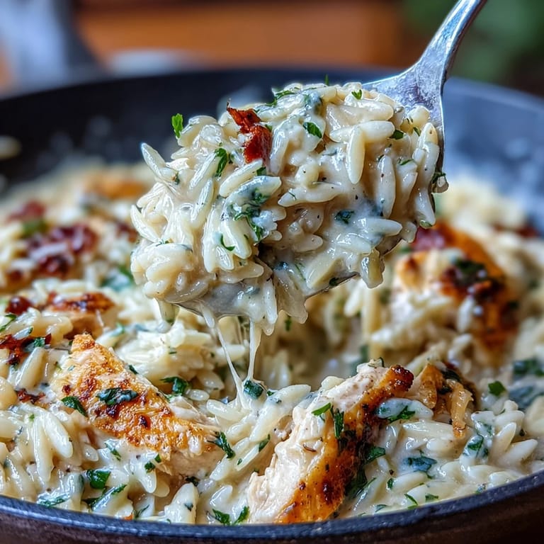 Savory chicken orzo with Parmesan cream sauce, garnished with fresh parsley and extra cheese.