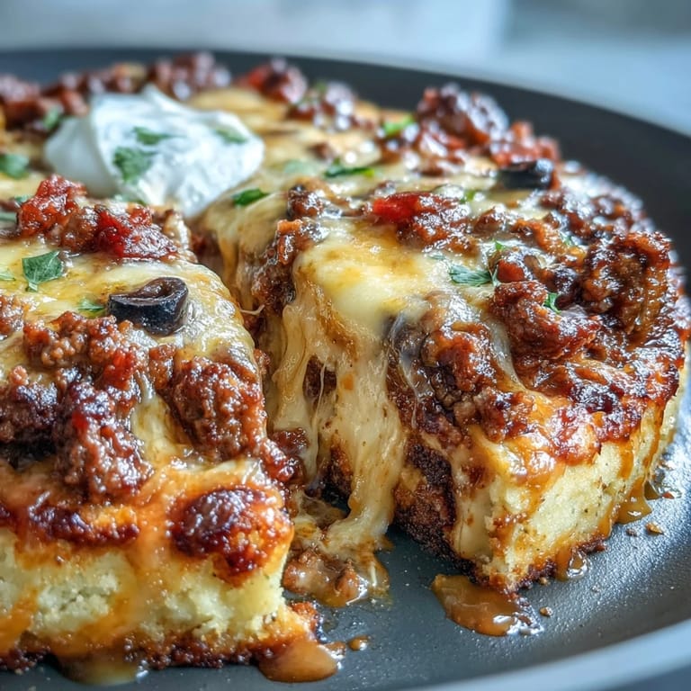 Low-carb taco skillet with golden cauliflower crust, taco-seasoned beef, and fresh tomato topping.  