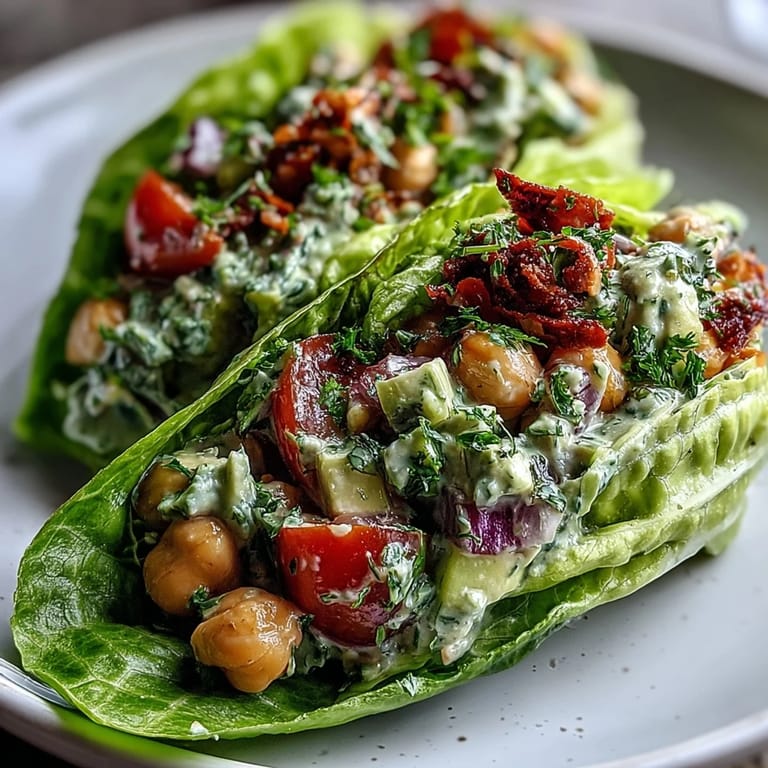 Creamy avocado and protein-rich chickpeas mixed with crisp veggies, zesty dressing, and wrapped in refreshing lettuce leaves.  