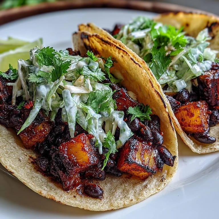 Flavorful pineapple black bean tacos topped with crunchy coconut lime slaw, served on warm corn tortillas.