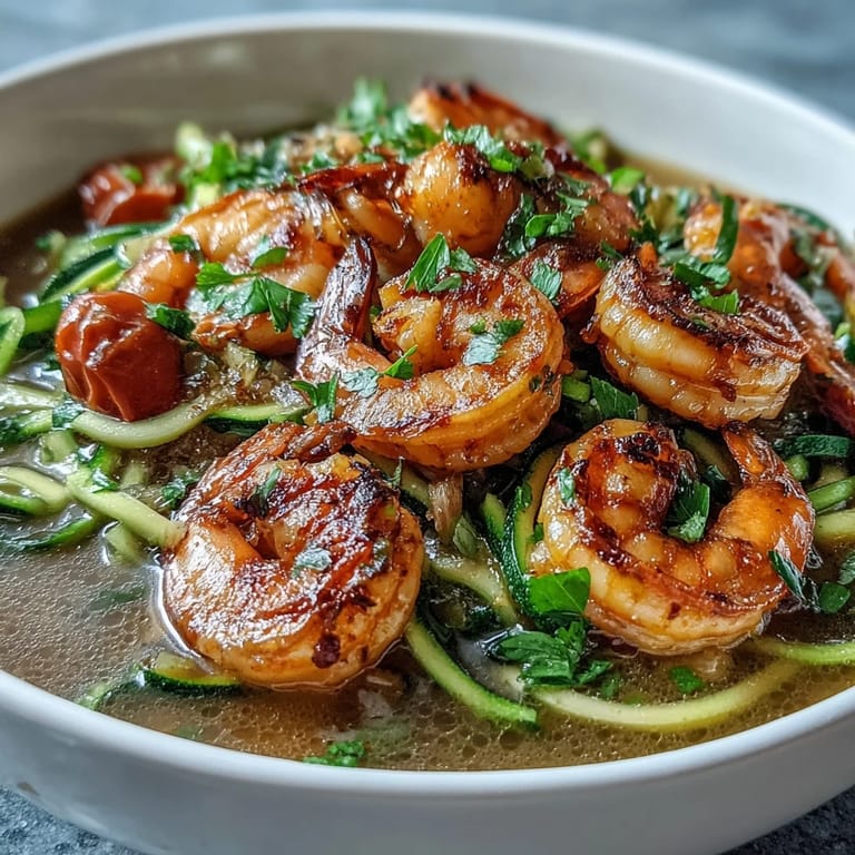 A steaming bowl of shrimp and zucchini noodles in zesty lemon-garlic broth, garnished with parsley and a sprinkle of red pepper flakes.