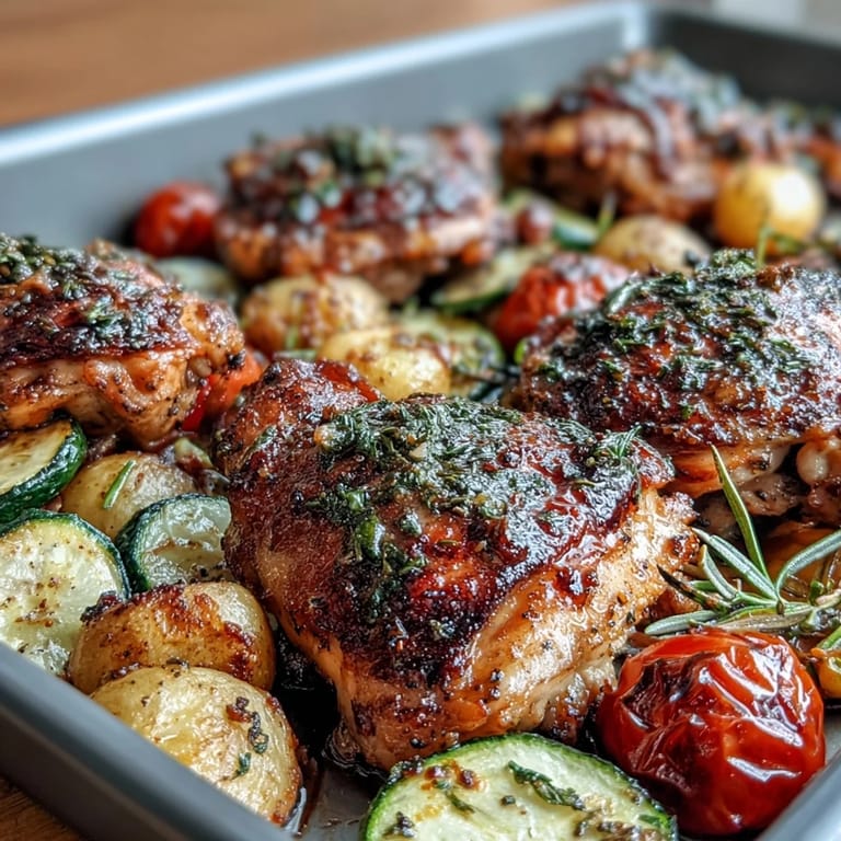Golden chicken thighs and tender vegetables on a sheet pan, infused with Mediterranean herbs and bright lemon zest for a wholesome dinner.  