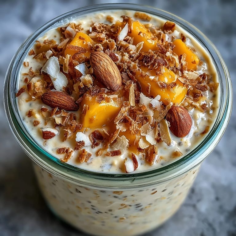 Creamy mango chia pudding oats with diced mango, coconut milk, and a sprinkle of toasted coconut for texture.