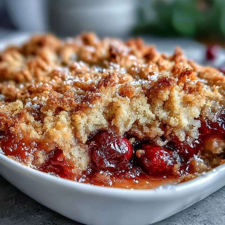 A warm cranberry cobbler with a crunchy topping and vibrant red filling, ideal for cozy winter gatherings and family celebrations.  
