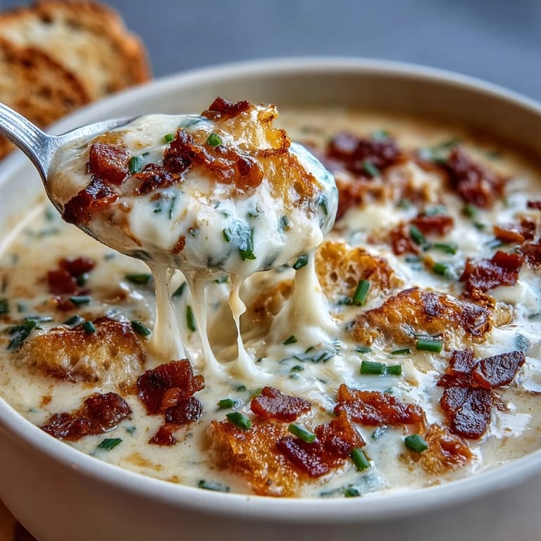 A hearty bowl of baked potato soup loaded with tender russet potatoes, smoky bacon, and melted cheddar cheese.  