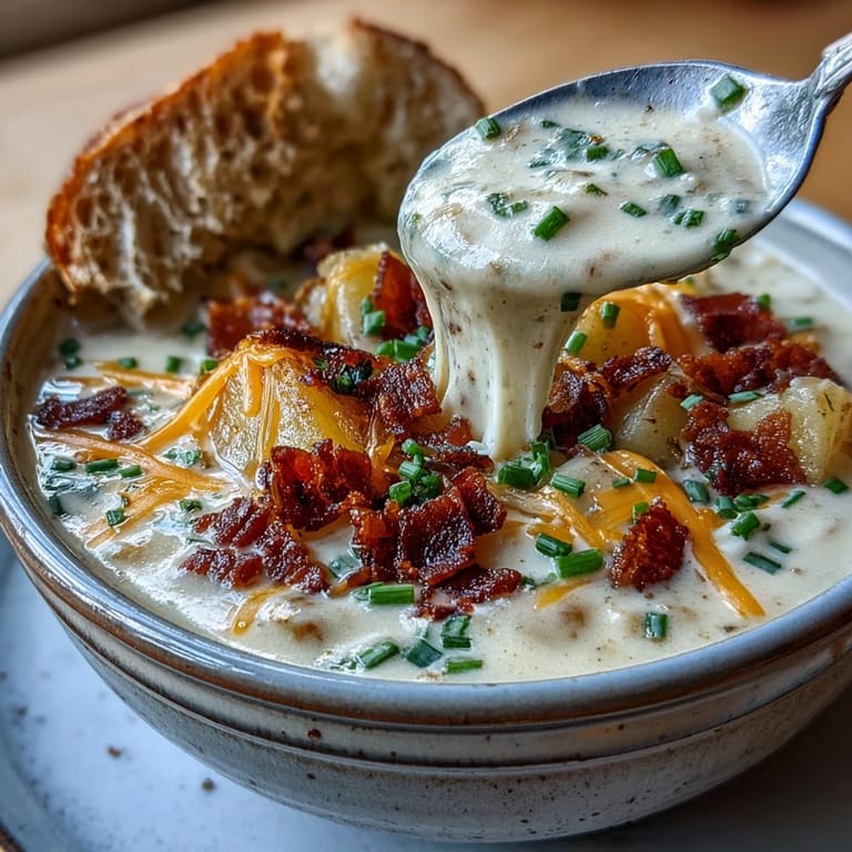 Velvety baked potato soup topped with crunchy bacon, chives, and extra cheddar—comfort food at its best.