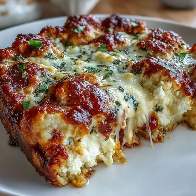 Comforting vegetarian casserole with creamy cottage cheese, herbs, and golden-baked cheese topping.  