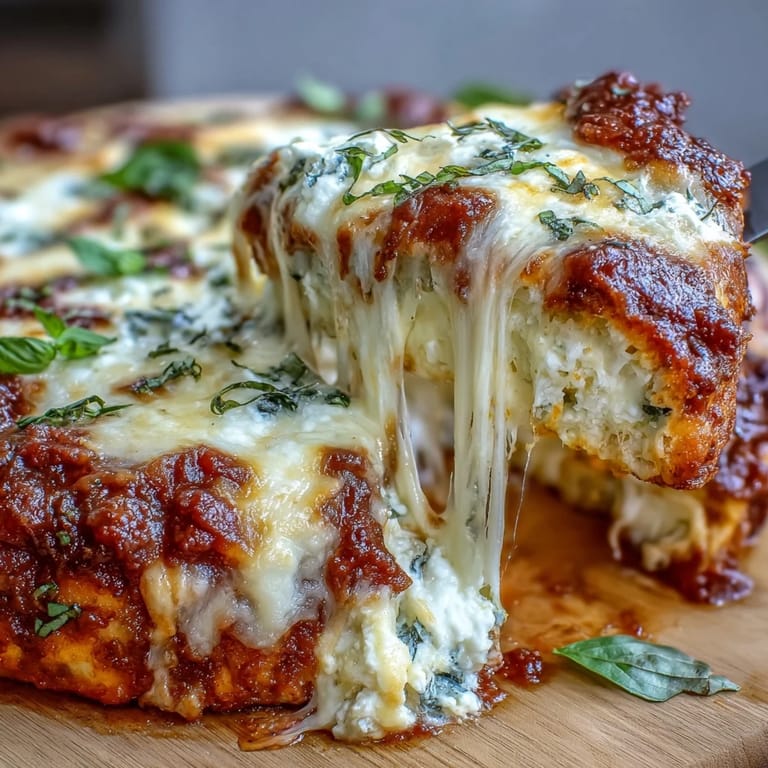Easy gluten-free pizza bake featuring layers of cottage cheese, marinara, and melted mozzarella.
