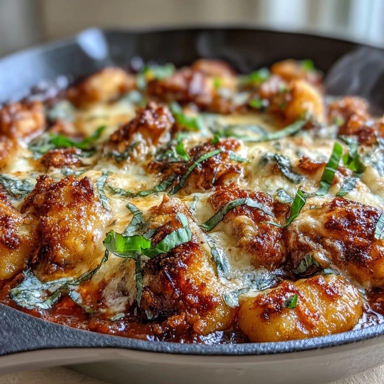 Hearty chicken Parmesan gnocchi with a crunchy panko topping, served in a rich marinara sauce for a cozy dinner.