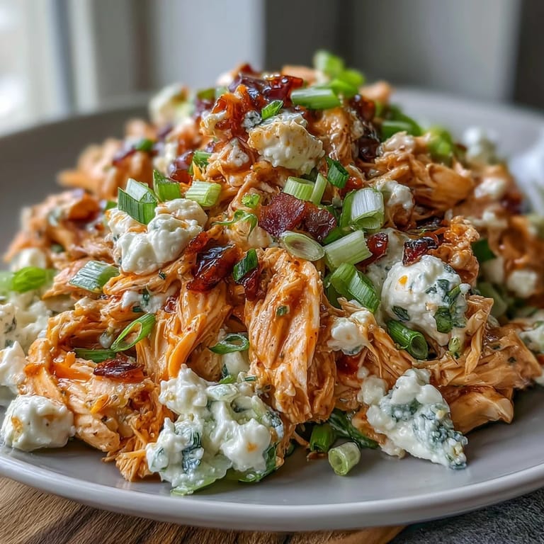 Buffalo Chicken Salad with Cottage Cheese, tender chicken, ranch-seasoned cottage cheese dressing, and fresh veggies for a healthy lunch.