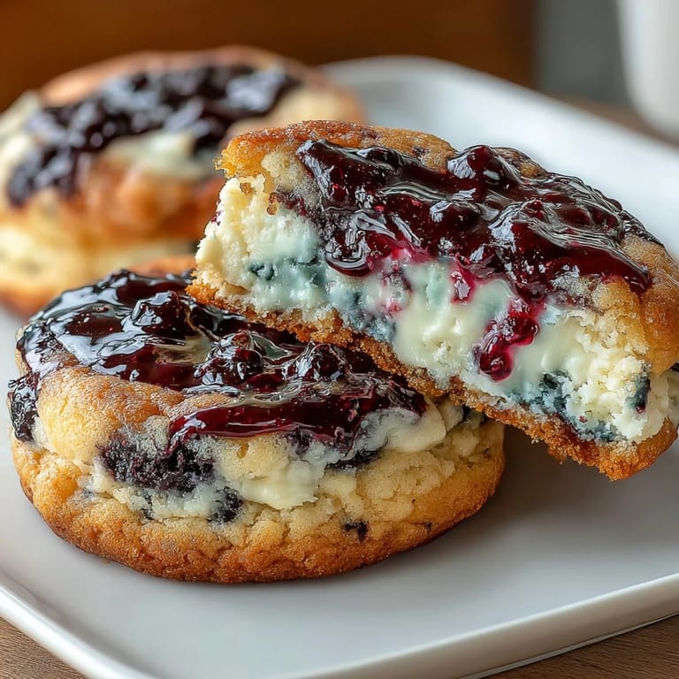 Buttery cookie dough swirled with tangy cheesecake and vibrant blueberry filling, creating a visually stunning and delicious marbled treat.