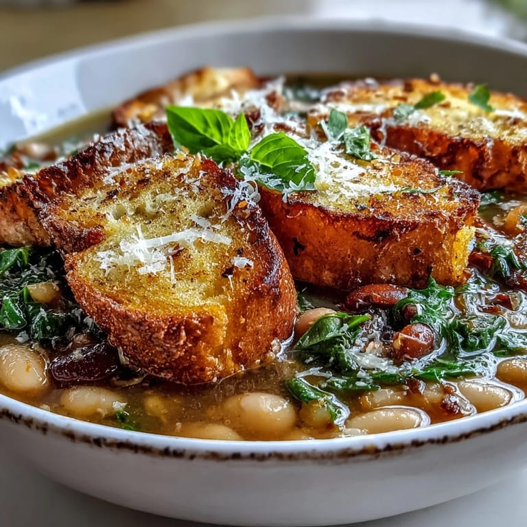 A comforting bowl of ribollita soup featuring tender kale, cannellini beans, and golden sourdough croutons.  