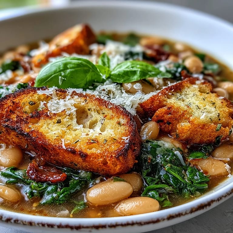 Rustic Italian ribollita soup brimming with vegetables, white beans, and crunchy sourdough croutons for a satisfying meal.