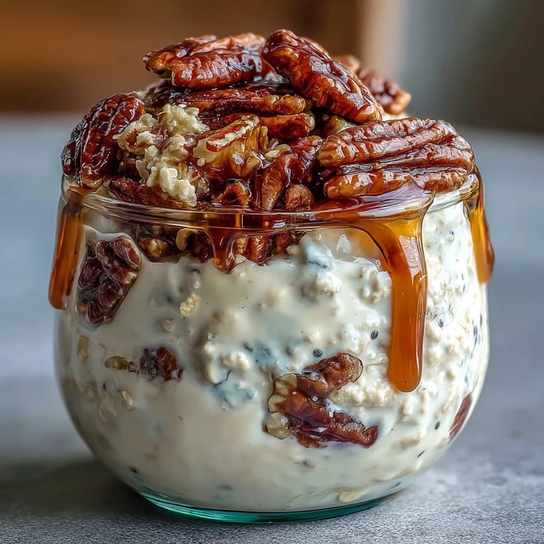A jar of overnight oats with caramelized pecans and maple syrup, layered beautifully for an easy, healthy morning treat.