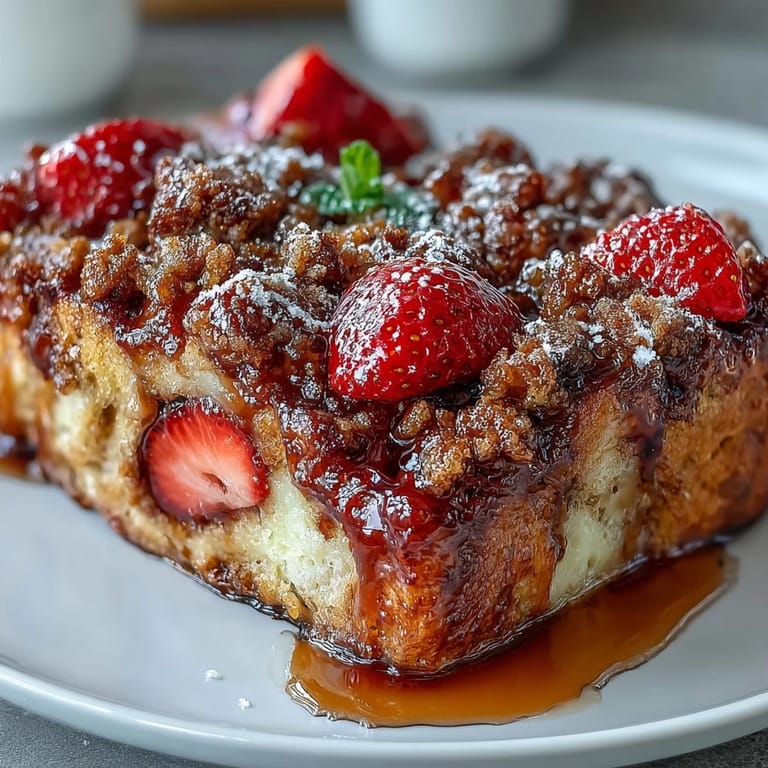 This strawberry French toast casserole features creamy custard-soaked bread, fresh berries, and a buttery brown sugar topping—perfect for sharing with friends at brunch.