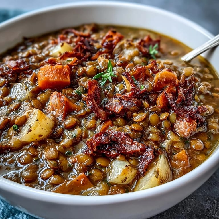Warm bowl of ham bone lentil soup with carrots, parsnips, and potatoes simmered to perfection.  