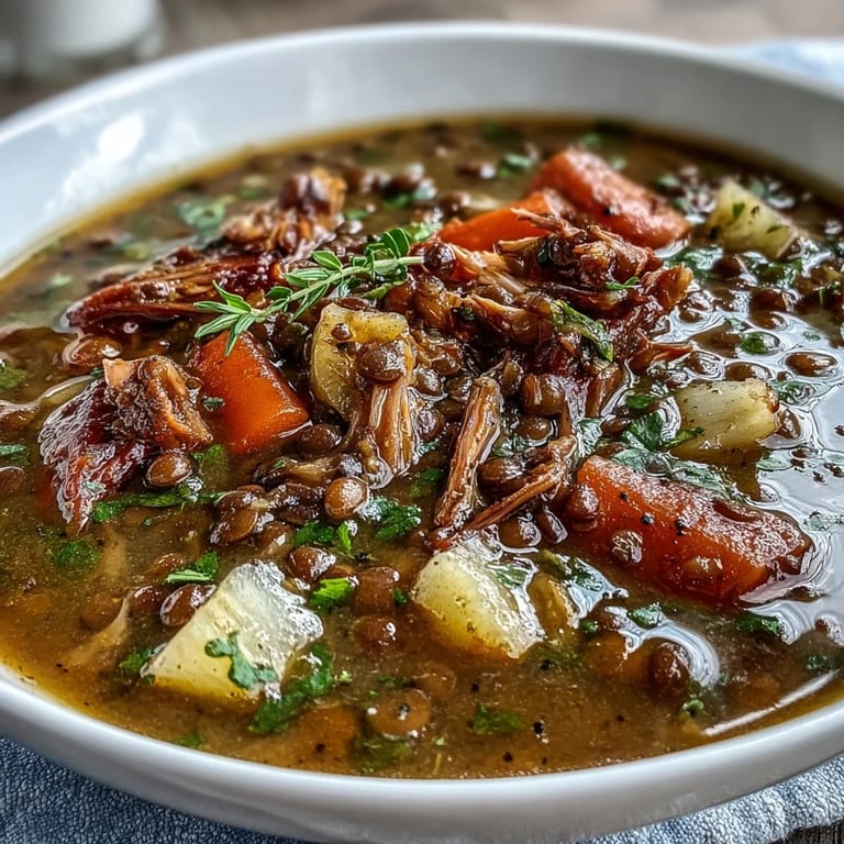Comforting ham bone and lentil soup with earthy lentils, smoky ham, and fresh parsley garnish.