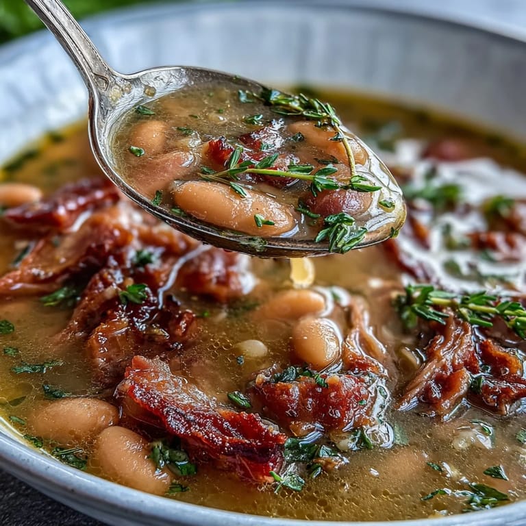 Hearty navy beans and tender chunks of ham simmered with aromatic thyme, creating a rustic, nourishing soup ideal for family gatherings.