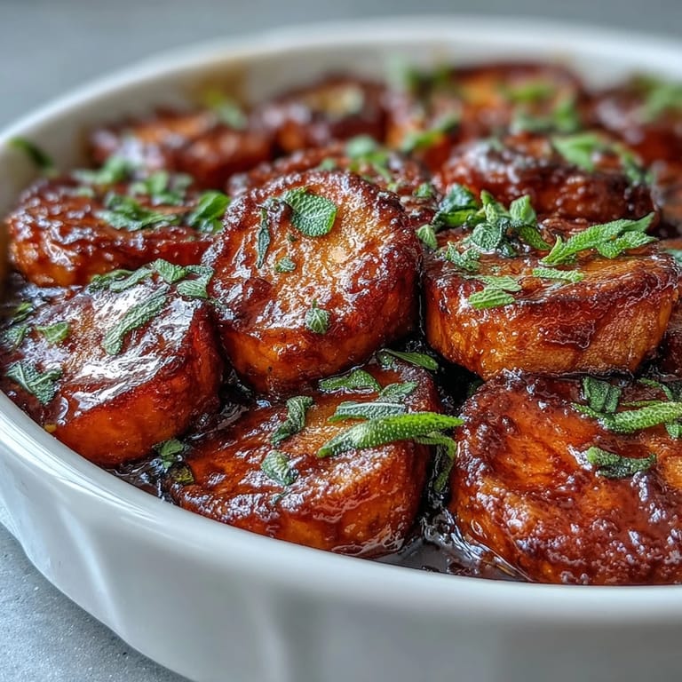 Golden candied yams baked in rich brown butter-sage sauce, perfect for holiday feasts.