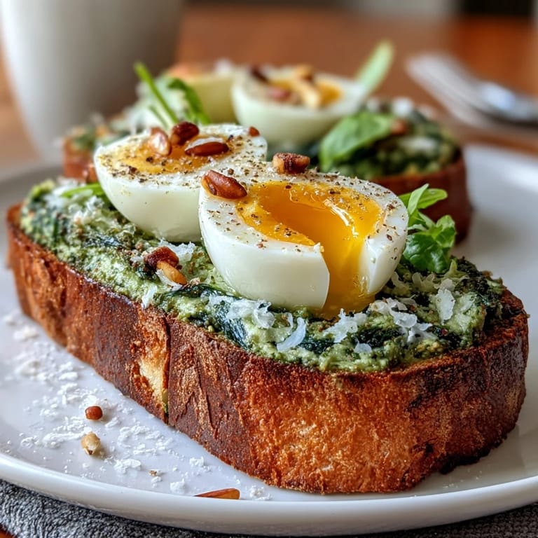 Bright and nourishing spinach pesto sourdough toast topped with a soft-boiled egg, garnished with microgreens and a sprinkle of chili flakes.