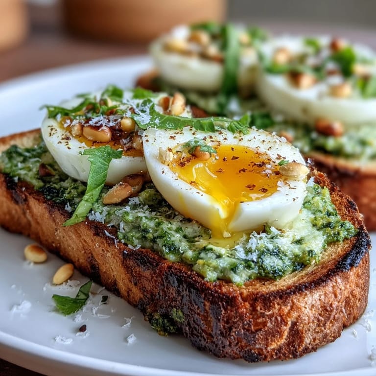Homemade spinach pesto spread on golden sourdough toast, crowned with a soft-boiled egg for a deliciously satisfying and protein-rich meal.