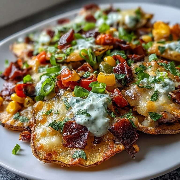 Golden potato slices topped with rainbow veggies, black olives, and melty cheddar, paired with a creamy Greek yogurt ranch dip. A fun, colorful twist on classic nachos.