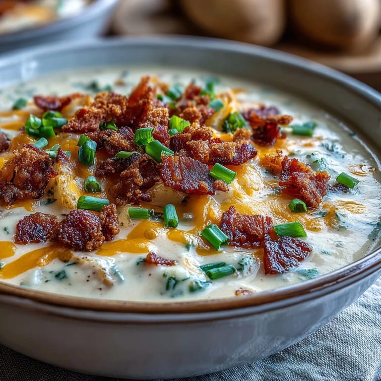 Creamy St. Patrick's Day Loaded Baked Potato Soup served with melted cheddar and fresh herbs.  