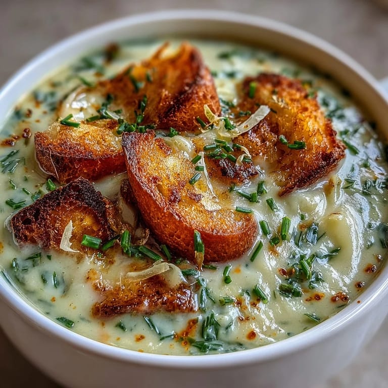 Rich and creamy leek and potato soup served with golden sourdough croutons, perfect for a cozy, hearty meal.