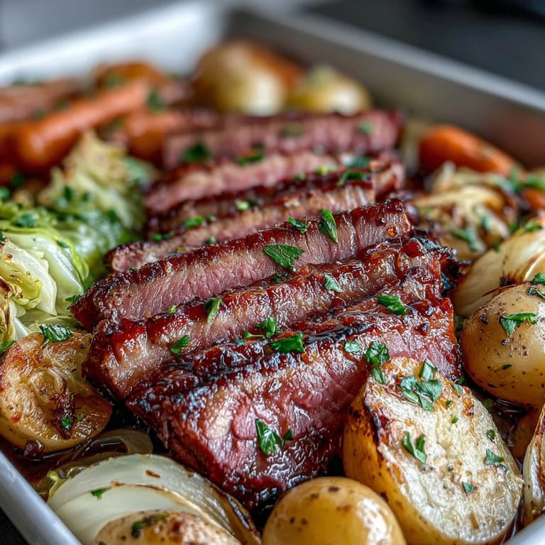 Savory corned beef and crispy cabbage sheet pan dinner with vibrant carrots and onions.  