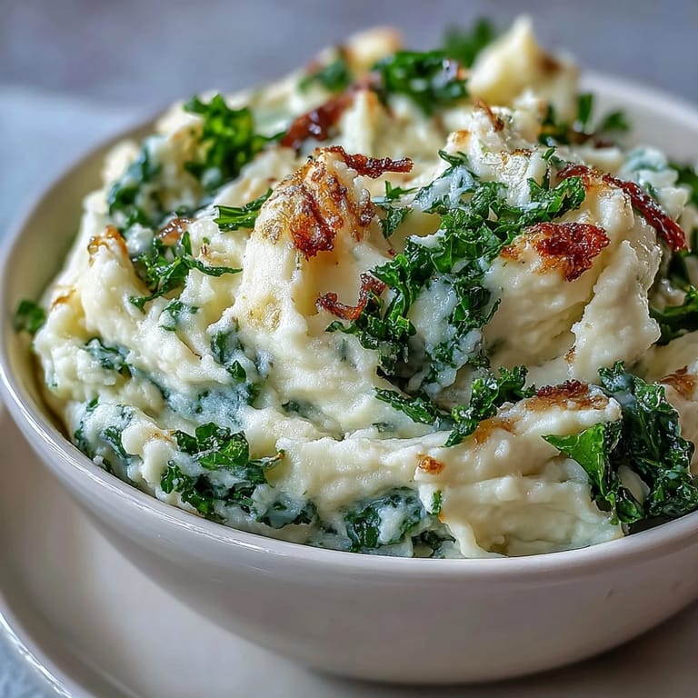 Comforting colcannon potatoes blended with sautéed leeks and spring onions, finished with a crunchy kale garnish for texture.  