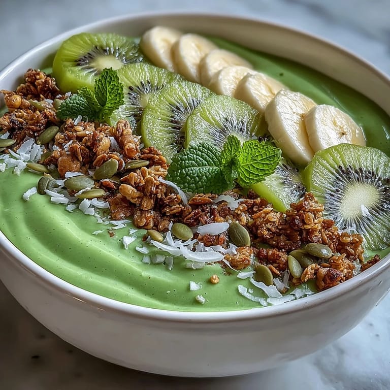 Enjoy a refreshing Shamrock Green Smoothie Bowl with Kiwi and Spinach, featuring layers of fresh greens, sweet fruit, and crunchy granola.