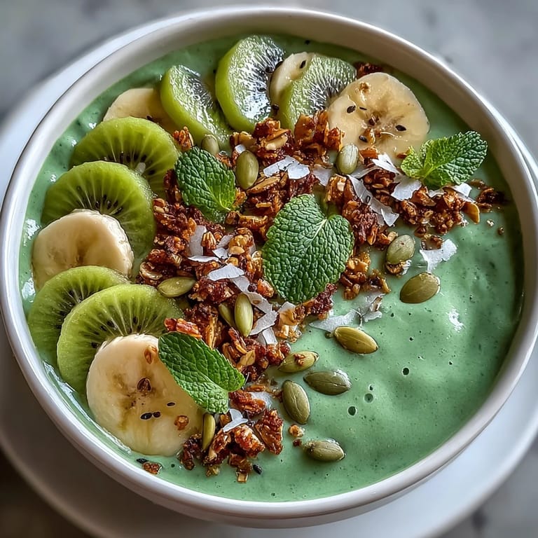 A nutrient-rich Shamrock Green Smoothie Bowl with Kiwi and Spinach blended to creamy perfection and garnished with tropical toppings.  