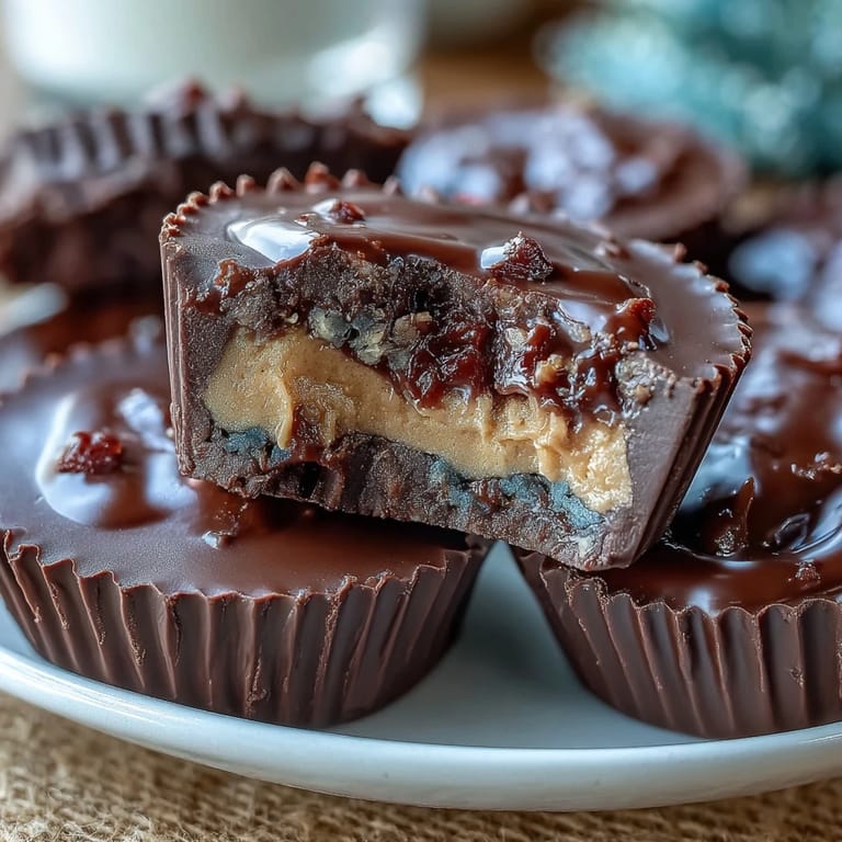 Homemade peanut butter cups with dark chocolate coating, great for satisfying chocolate cravings.