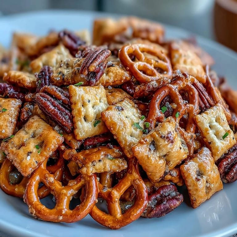 Homemade sourdough Cheez-Its mixed with crunchy pretzels and mixed nuts, oven-toasted for bold, savory flavor.