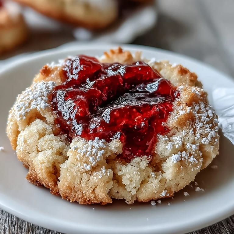 Buttery shortbread thumbprint cookies filled with vibrant strawberry jam, perfect for summer picnics and gatherings.