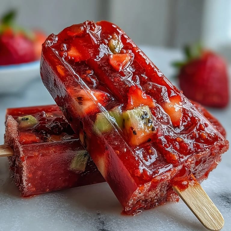 Vibrant strawberry daiquiri popsicles bursting with chunks of kiwi, mango, pineapple, and strawberries, ideal for adult summer gatherings.  