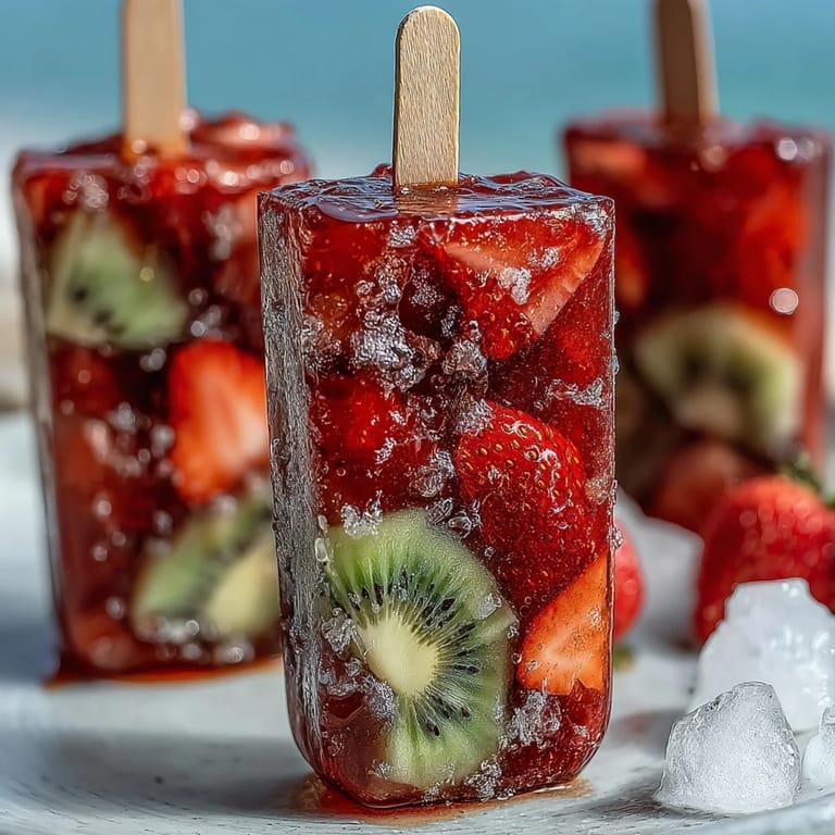 Boozy strawberry daiquiri popsicles loaded with fresh fruit chunks, offering a tropical twist on a classic frozen cocktail.