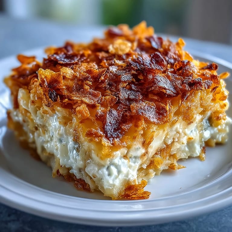 Creamy potato casserole with a crunchy cornflake and cheddar crust, served hot as a satisfying side dish at family potlucks.