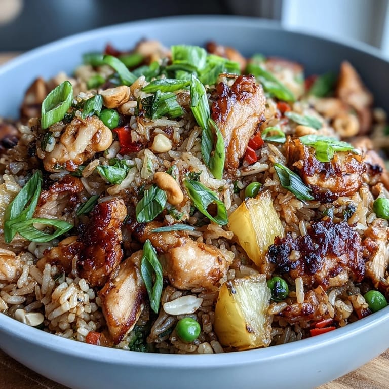 Tropical Hawaiian pineapple chicken fried rice served in a bowl, garnished with green onions and roasted macadamia nuts.
